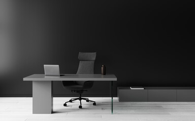 Office or workplace with work table, office chair, laptop. Black decorative wall. Coworking office. 3d rendering. Сoworking interior. Template. Home office. Black room
