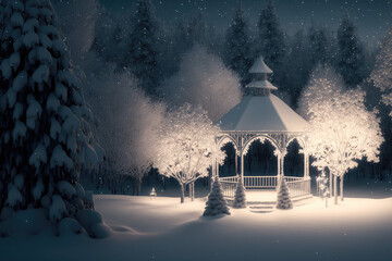 3D render of a snow-covered winter wonderland with festive lights, generative ai