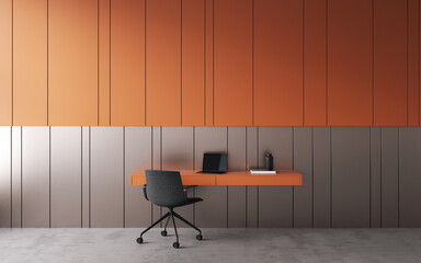 Office or workplace with hanging table, office chair, laptop. Orange decorative wall with embossed panels. Coworking office. 3d rendering. Сoworking interior. Template. Home office. Background room