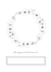 桜の花の線画のお祝いカードテンプレート