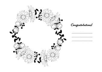 Obraz premium 花の手描き線画のお祝いカードテンプレート