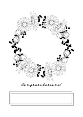 花の手描き線画のお祝いカードテンプレート