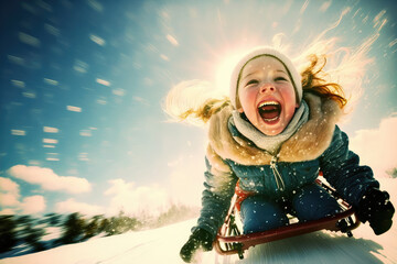 Bright girl on sled flying down snowy slope, sunshine in background, generative ai