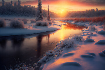 Fototapeta na wymiar Frosty river winds through winter forest at sunset, generative ai