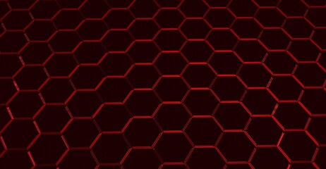 Fototapeta premium Hexagonal red neon gaming background textures in dark mode. Dark gaming background suitable for your background. Illustration 3d rendering design.