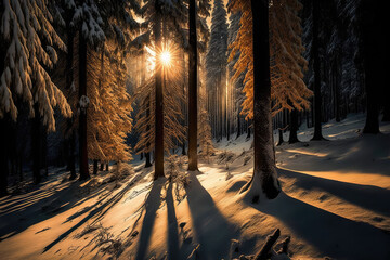 Golden sunlight illuminating a snow covered black forest, generative ai - obrazy, fototapety, plakaty