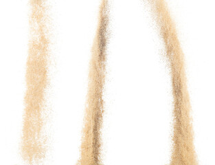 Sand flying explosion, Golden sand wave explode. Abstract sands cloud fly. Yellow colored sand splash throwing in Air. White background Isolated high speed shutter, throwing freeze stop motion