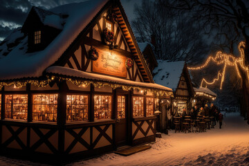 Harz, Germany Christmas market with wooden huts, twinkling lights and hot spiced wine, generative ai