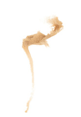Small size fine Sand flying explosion, Golden grain wave explode. Abstract cloud fly. Yellow colored sand splash silica in Air. White background Isolated high speed shutter, throwing freeze shot