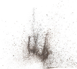 Black dried leave Tea explode. Small Fine size tea leaf flying explosion, Abstract cloud fly. Brown colored Teas splash throwing in Air. White background Isolated high speed shutter, throwing freeze