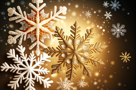 Shimmering Gold And White Snowflakes Against A Winter Holiday Background, Generative Ai