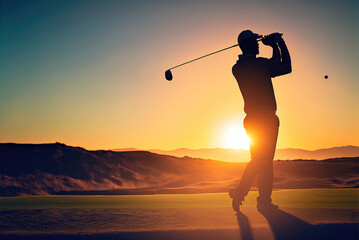 Golfer executes a swing shot on a golf course . Ai generated