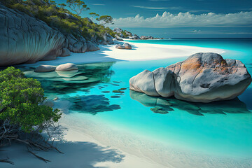 Fototapeta premium A secluded beach with white sandy shore and crystal clear water, sea, beach, water, island, coast, ocean, landscape, nature, sky, sand, summer, travel, tropical, view, bay, holiday, vacation, rock, ro