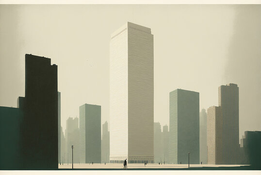 Illustration of a city skyline with skyscrapers, minimalist cream paper design. Ai generated.