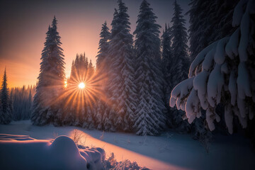 Sunrise in the black forest, surrounded by snow covered trees, generative ai - obrazy, fototapety, plakaty