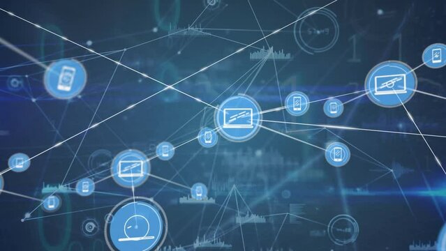 Animation of connected icons and dots with graphs against binary codes in background