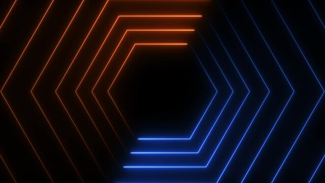 Neon blue orange hexagon pattern abstract futuristic retro background. Seamless loop motion graphic animation. 4K footage