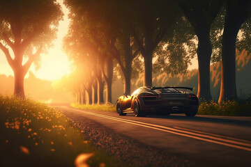 Fototapeta na wymiar Sports car driving in countryside at sunset. Generative AI