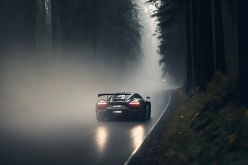Obraz na płótnie Canvas Sports car driving through misty forest. Generative AI