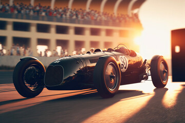 Classic sports car on track at sunset. Generative AI