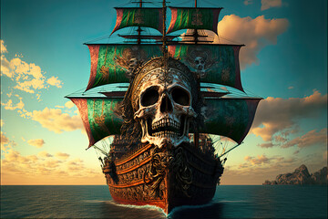 illustration of a pirate ship painted for Mexican Day of the Dead.