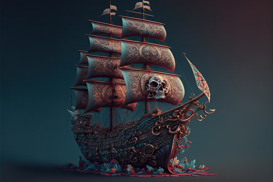 illustration of a pirate ship painted for Mexican Day of the Dead.