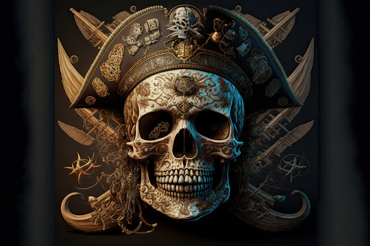 illustration of a pirate skull painted for Mexican Day of the Dead.