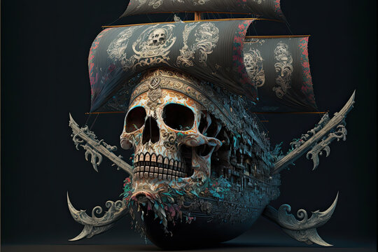 illustration of a pirate ship painted for Mexican Day of the Dead.