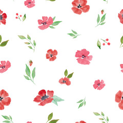 Watercolor seamless pattern with  abstract red flowers. Hand drawn floral illustration isolated on white background. Vector EPS.
