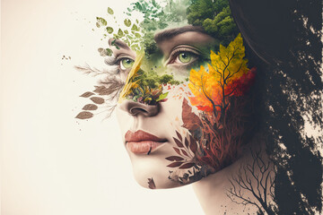 Mother nature concept seamlessly merged with beautiful face portrait of a young woman. Ai generated