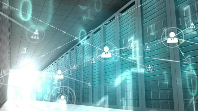 Animation of network of connections with icons and binary coding over computer servers