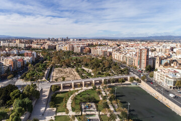 Aerial view of Valencia old city with Jardín del Turia, Turia Park, Spain