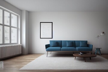 mock up poster frame in boho interior background, wooden living room design, Scandinavian style. Generative AI illustration