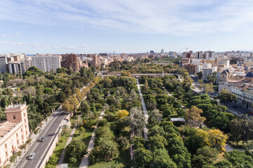 Aerial view of Valencia old city with Jardín del Turia, Turia Park, Spain