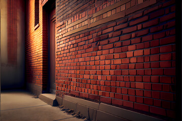 Brick wall of a building, isolated alley, different shades of old red bricks, generative ai