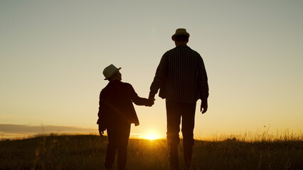 Father and son walk together holding hands in park at sunset. Silhouette, happy family, baby dad travel to sunset. Childhood dream, fatherly. Dad plays with his kid outdoors in park. Child adolescence