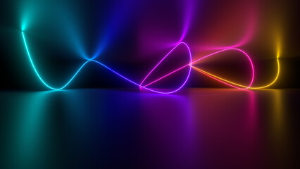 Sci Fy neon glowing wave lines in a dark hall. Reflections on the floor and ceiling. 3d rendering image. Abstract glowing lines. Techology futuristic background.