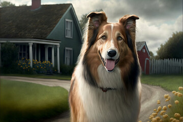 Beautiful collie living on a farm in Scotland pet dog with a stunning show coat of hair, sitting in an open countryside farm in nice light. Image created with generative ai - obrazy, fototapety, plakaty