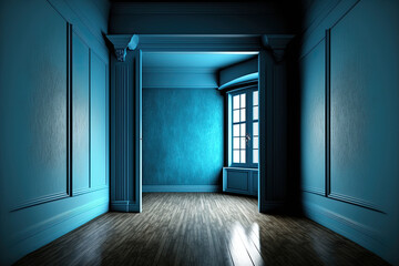 Empty room with blue walls, floor and ceiling, light from small window. AI generative illustration.