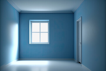 Empty room with blue walls, door and window, AI generative.
