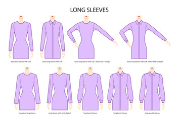 Set of Long sleeves basic clothes with cuff, long length, barrel, two piece, vertical pleat, epaulet technical fashion illustration. Flat apparel template front side. Women, men unisex CAD mockup