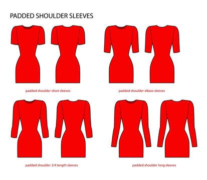 Set of Padded shoulder sleeves clothes - long, short, 3-4, elbow length technical fashion illustration with fitted body. Flat apparel template front, back sides. Women, men unisex CAD mockup