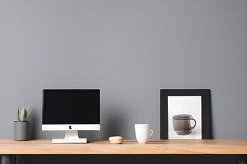 A modern home office setup with a laptop, coffee cup, and succulent on a wooden desk, style: minimalistic, IA generativa