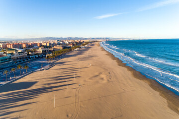 Aerial view of beach of valencia in the late afternoon