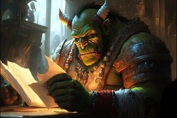  orc from World of warcraft universe fantasy style Studying demonology in the Scholomance, Western Plaguelands,, generative ai	
