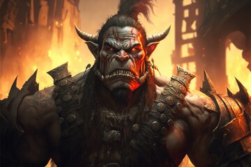 orc from World of warcraft universe Visiting the Hall of Legends, Orgrimmar, generative ai	