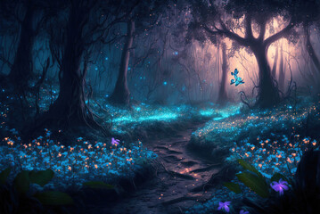 Fantasy forest at night, magic luminous flowers in fairytale wood, generative AI. - obrazy, fototapety, plakaty