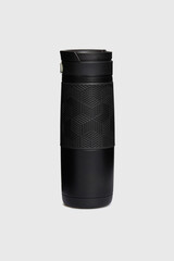 Reusable black plastic water bottle tumbler isolated on white background. Blank, classic, sport, thermo bottle for athlete, women's, female, male, unisex. Single. Mock up, template, close up