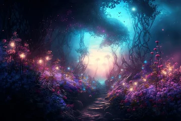 Crédence de cuisine en verre imprimé Forêt des fées Fantasy forest at night, magic luminous flowers in fairytale wood, generative AI