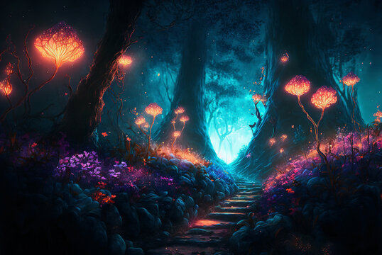 Magic path in fantasy forest at night, luminous flowers and lights in dark fairytale wood, theme of fairy nature.